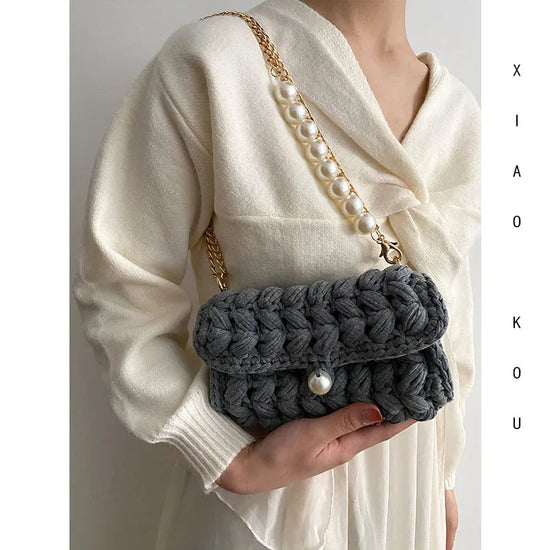 Borsa Donna Crochet a Spalla Uncinetto con Perle e Catena – Design Crossbody