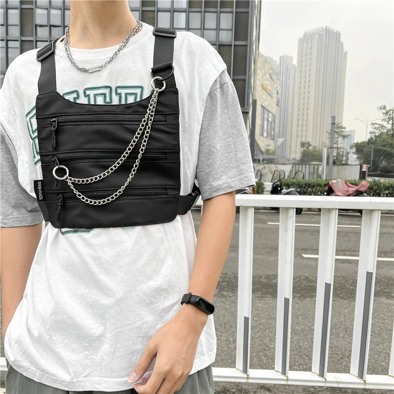 Borsa a petto unisex a 3 strati – pettorina nylon streetwear hip-hop versatile