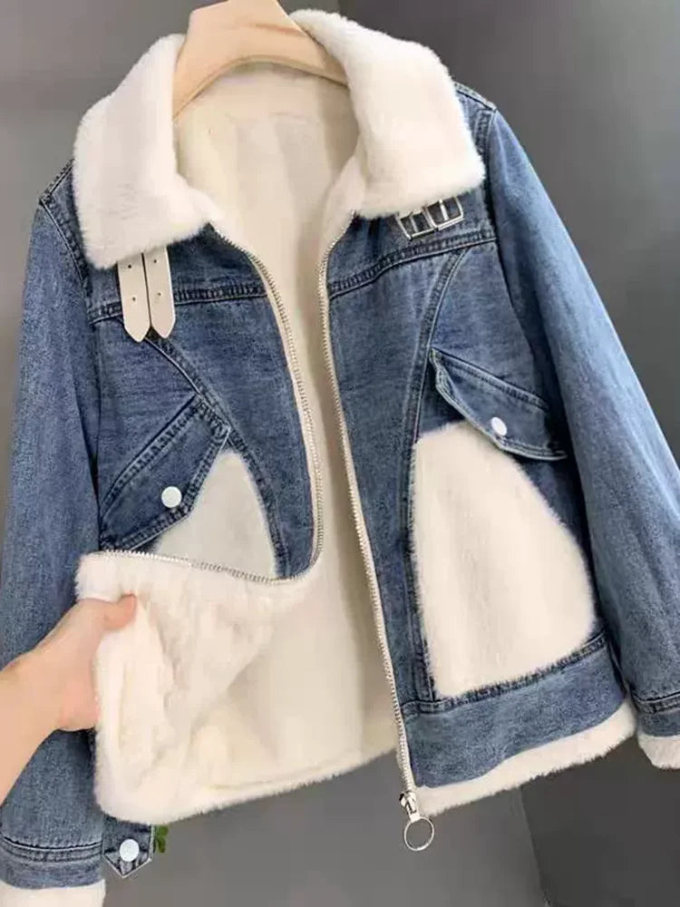 Giacca denim imbottita con pile fissato 2025 – giubbotto baggy da donna con colletto alto e interno caldo