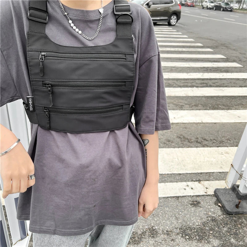 Borsa a petto unisex a 3 strati – pettorina nylon streetwear hip-hop versatile