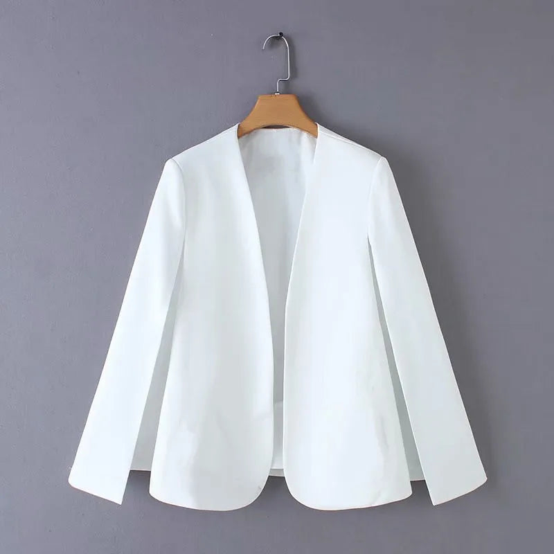 Giacca blazer donna senza colletto stile mantella – giacca da ufficio casual autunno primavera con maniche a mantella e collo aperto