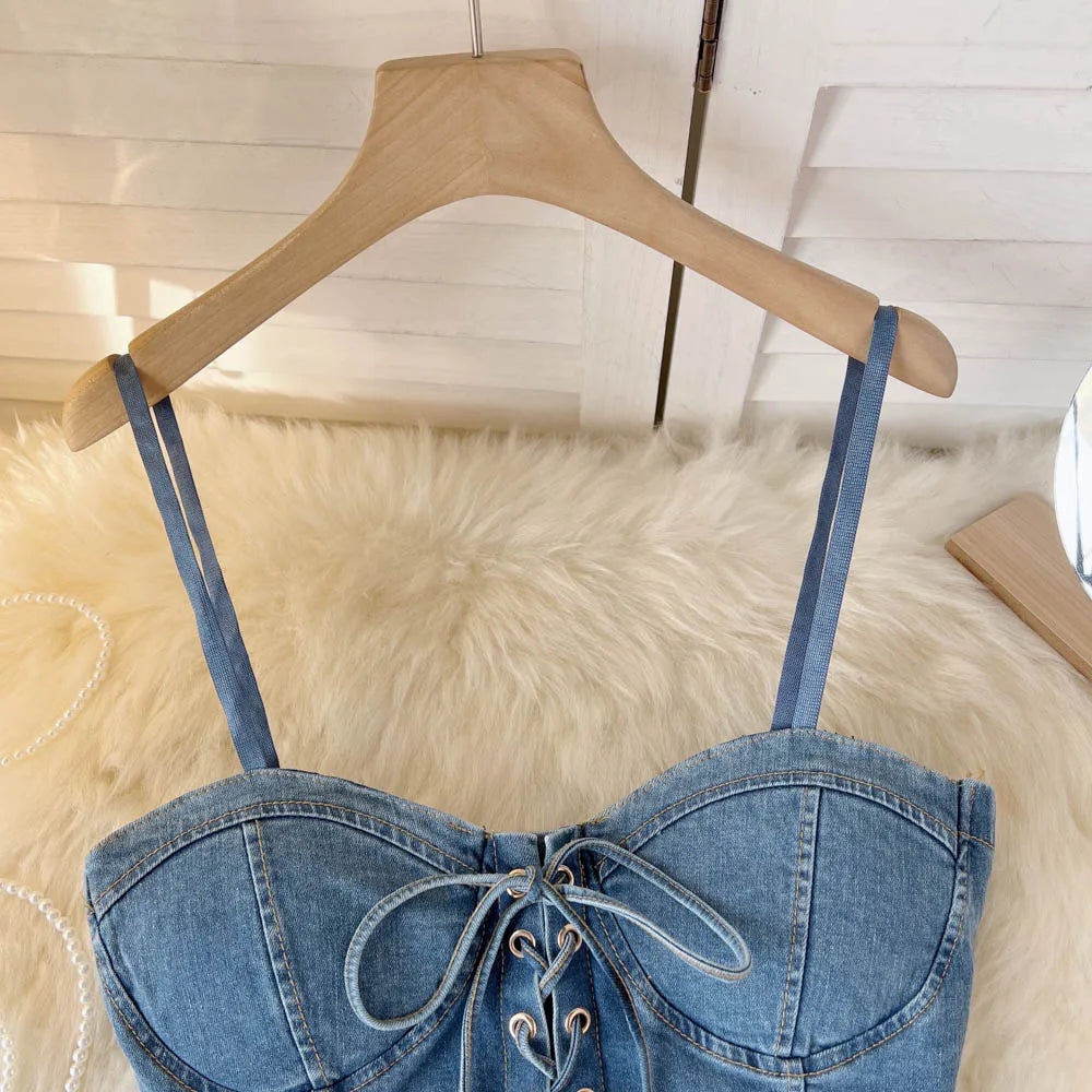Top Denim Corsetto con Reggiseno Integrato – Crop Top Donna