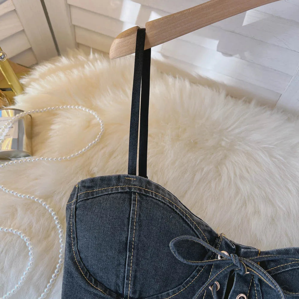 Top Denim Corsetto con Reggiseno Integrato – Crop Top Donna