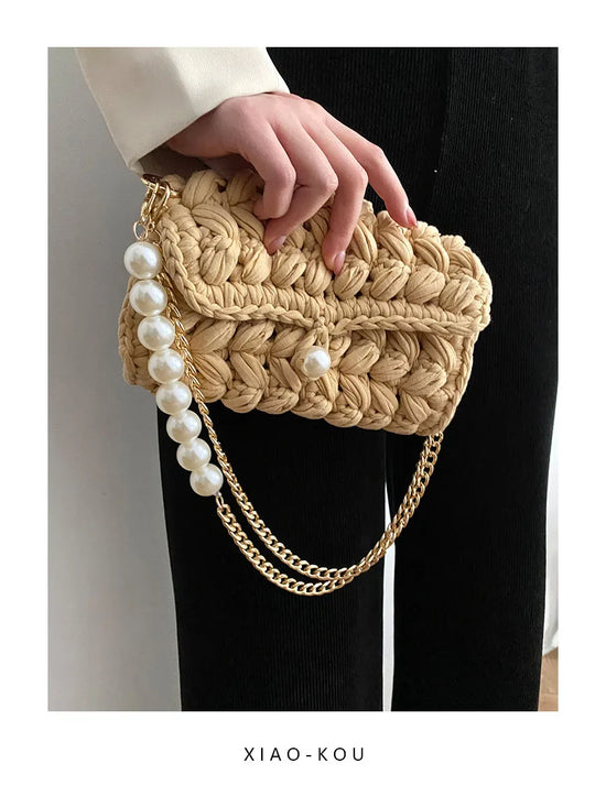 Borsa Donna Crochet a Spalla Uncinetto con Perle e Catena – Design Crossbody