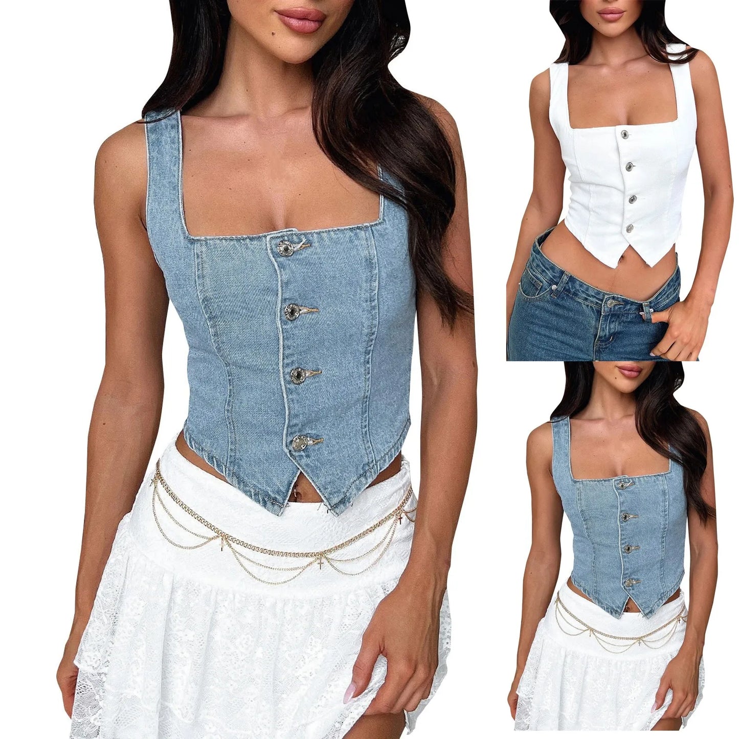 Top Denim Donna Aderente – Crop Top Scollo Quadrato