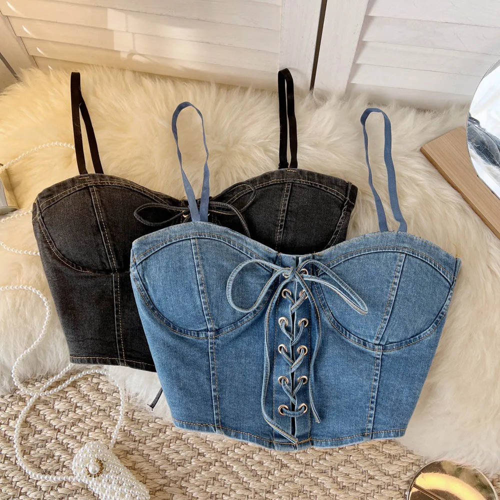 Top Denim Corsetto con Reggiseno Integrato – Crop Top Donna