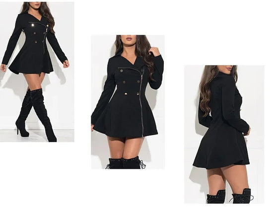 Trench nero donna con zip e doppiopetto – giacca lunga stile Y2K per autunno/inverno 2025