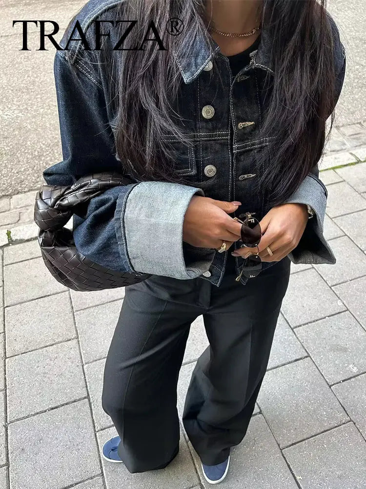 Giacca denim donna vintage 2025 – trench single-breasted con rever a collo, tasche & manica lunga blu scuro