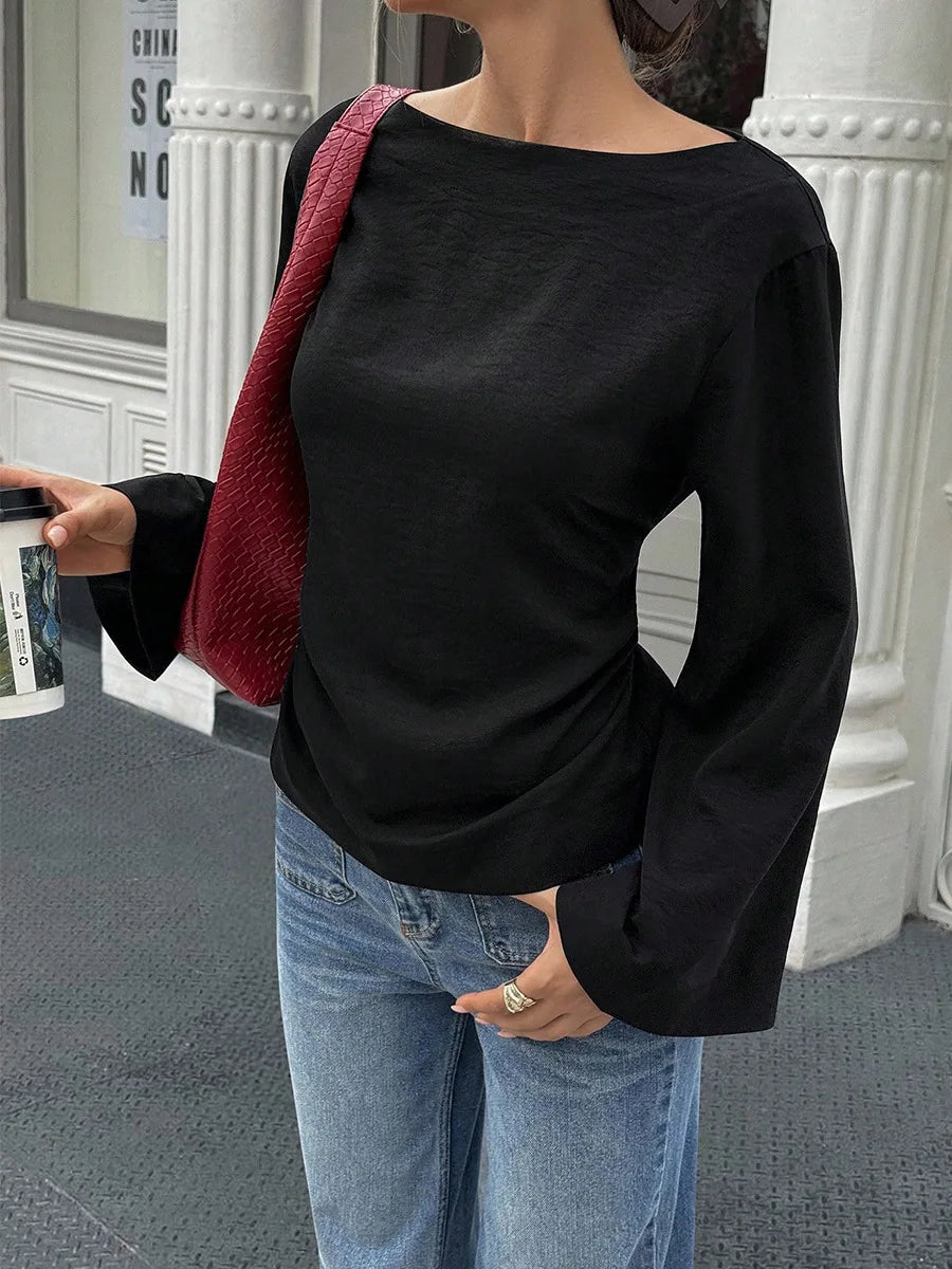 Maglia nera manica lunga con cappuccio da donna – stile elegante per pendolarismo, primavera/autunno, colore puro, poliestere, scollo rotondo