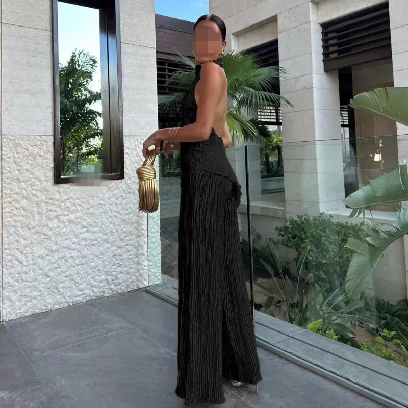 Set donna elegante con top irregolare + pantaloni a zampa bell bottom – completo fashion sexy per outfit da sera / casual chic
