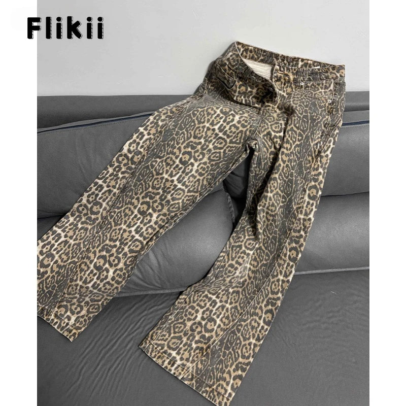 Jeans baggy vita alta leopardato donna – pantaloni oversize Y2K da strada con tasche casual 2025