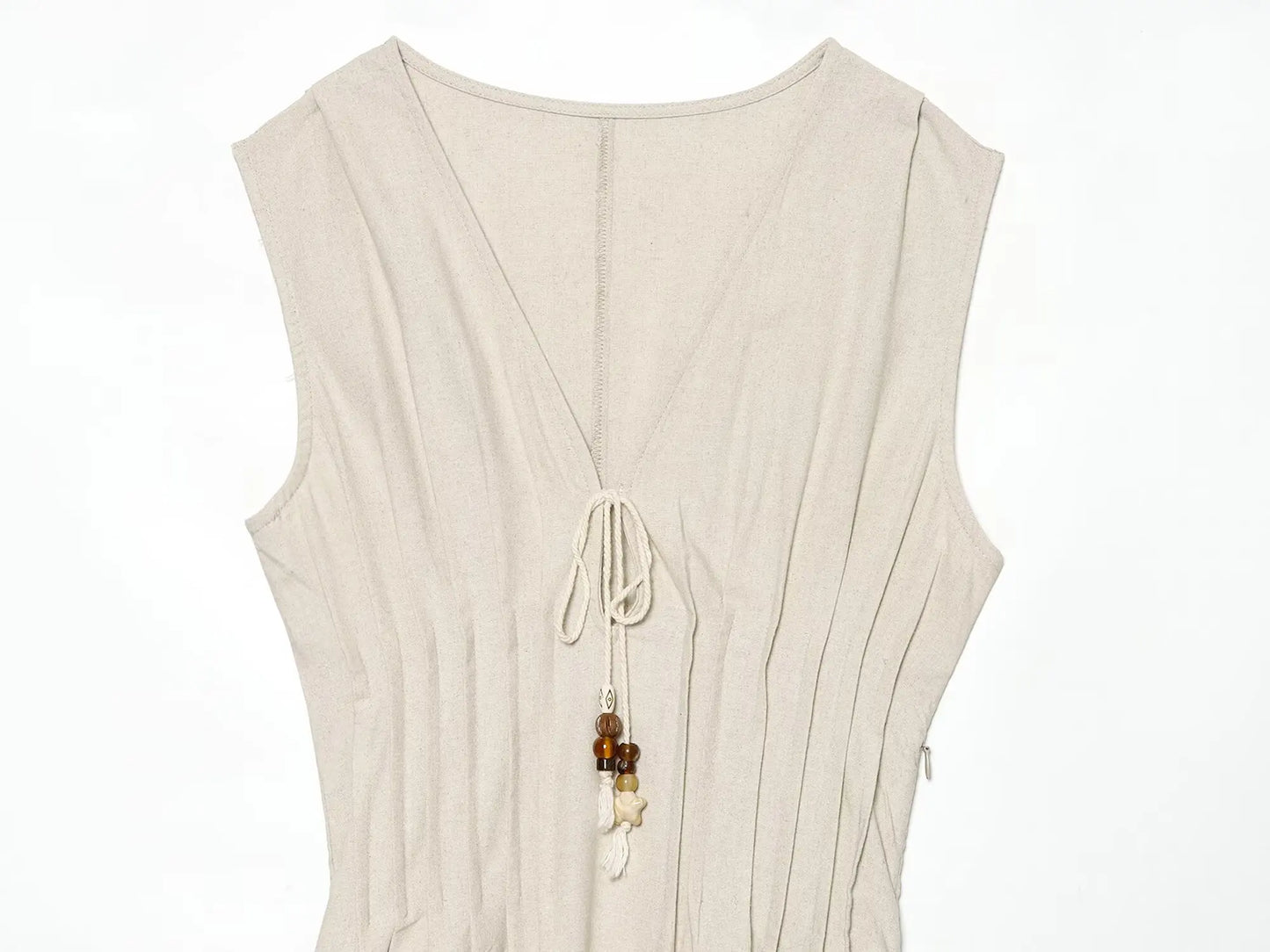 Abito Donna in Lino e Cotone – Vestito Beige Estivo con Scollo a V