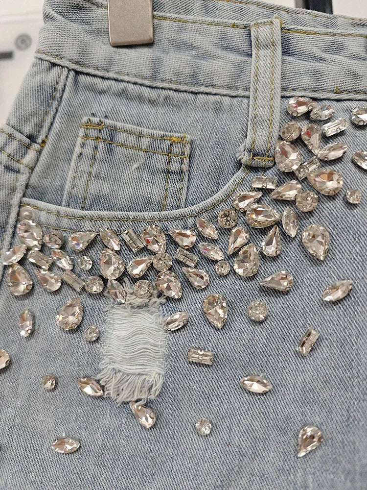 Shorts jeans donna Y2K vita alta con strass e frange – Primavera 2025