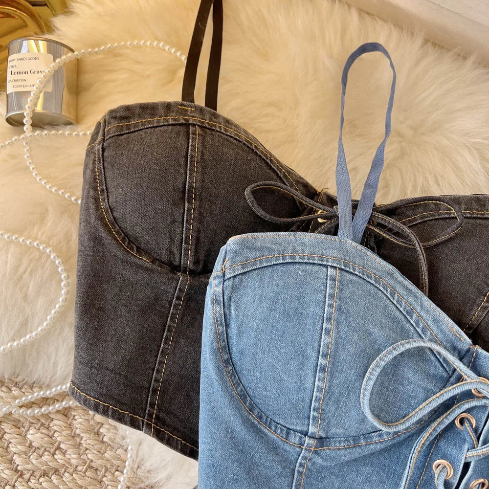 Top Denim Corsetto con Reggiseno Integrato – Crop Top Donna