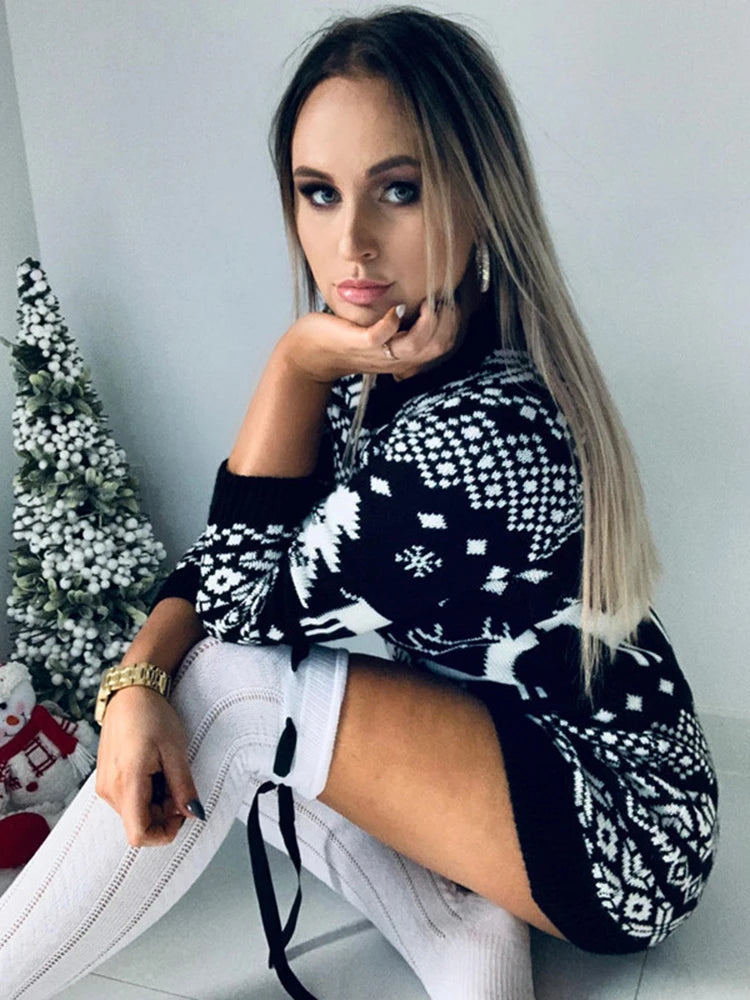 Abito maglione donna autunno/inverno – lungo manica lunga, motivo cervo e rombi, elegante body con per feste natalizie