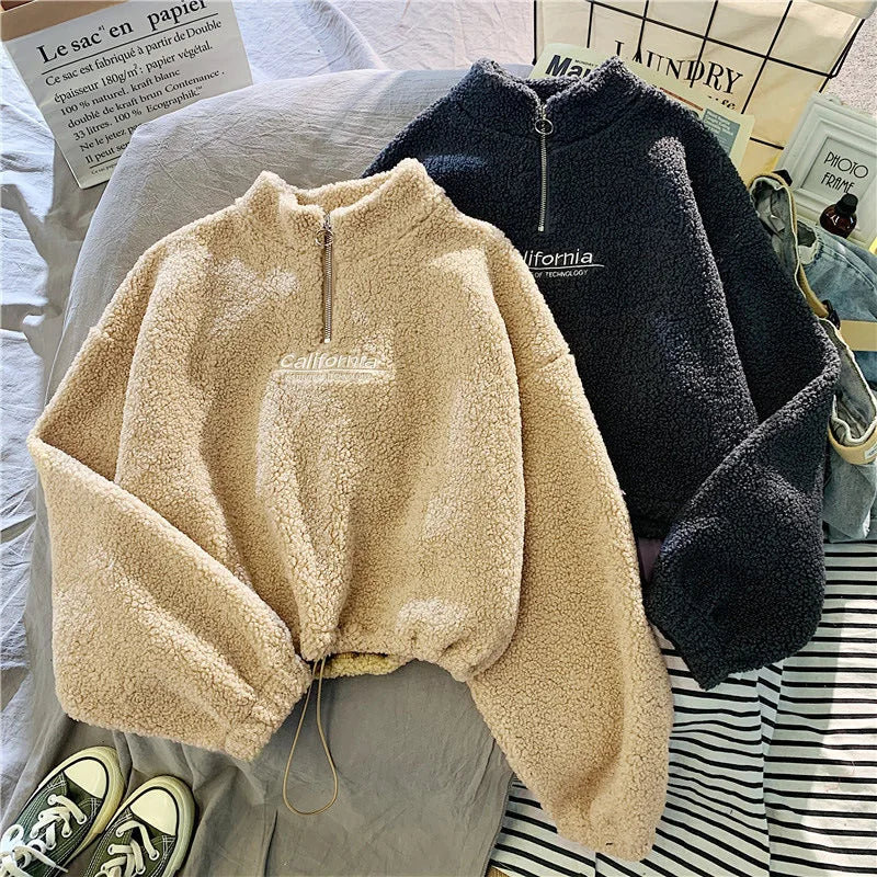 Felpa donna in pile con collo alto, zip e coulisse