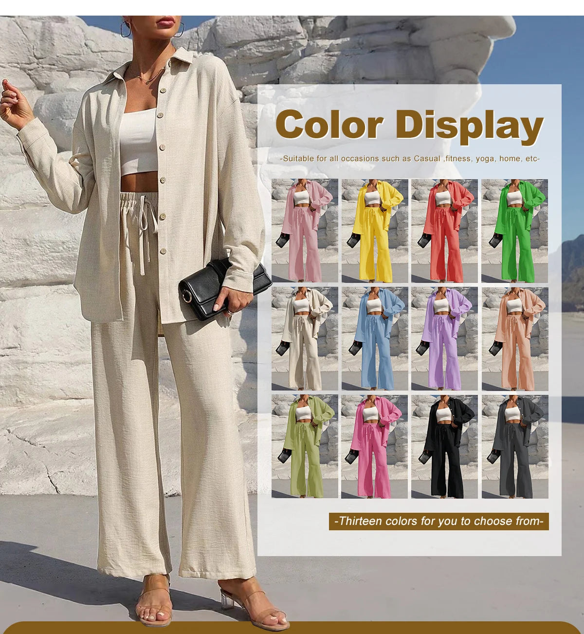 Set donna primavera–estate 2025 – camicia con bottoni e pantaloni wide-leg a vita alta