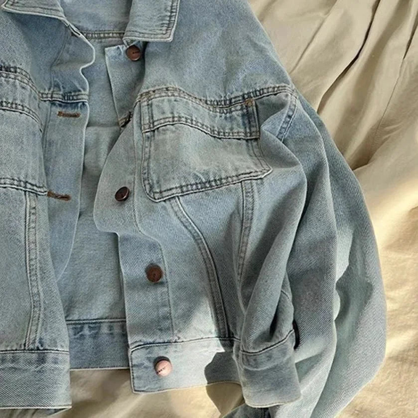 Giacca di jeans donna stile retro – Leggera e casual per primavera e autunno, maniche lunghe, taglio corto e ampio