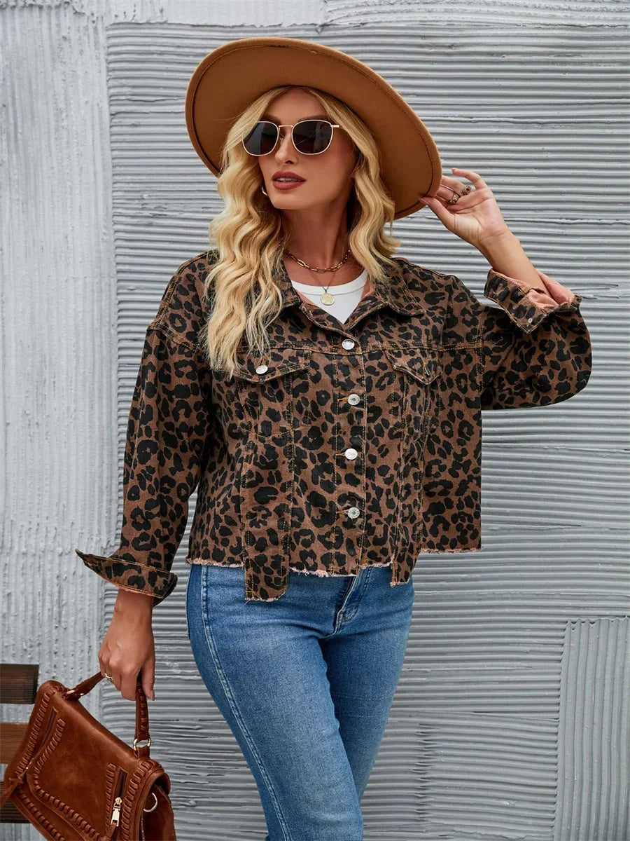 Giacca in denim donna leopard print – blazer oversize a maniche lunghe con collo a rever stile coreano primavera-autunno