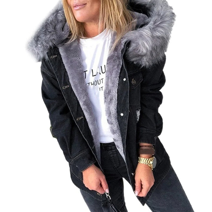 Giacca denim donna con cappuccio e collo peluche – Giubbotto imbottito invernale oversize con interno caldo