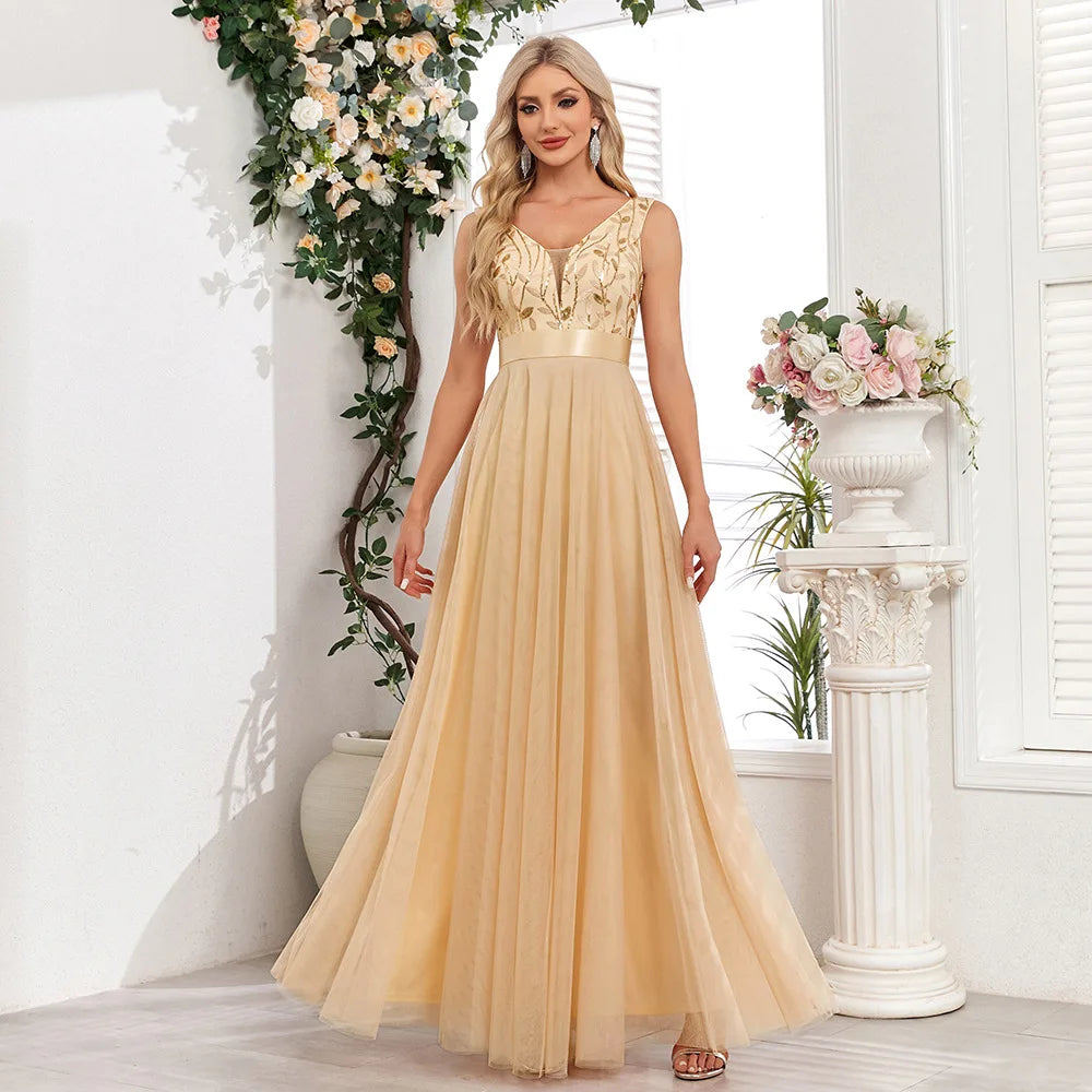 Abito Lungo Elegante Donna con Paillettes – Vestito Cerimonia Matrimonio e Damigella