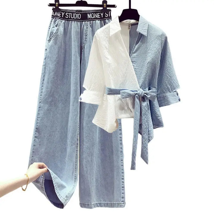 Set due pezzi donna 2025 – camicia chiffon cucita + jeans casual, elegante e leggero