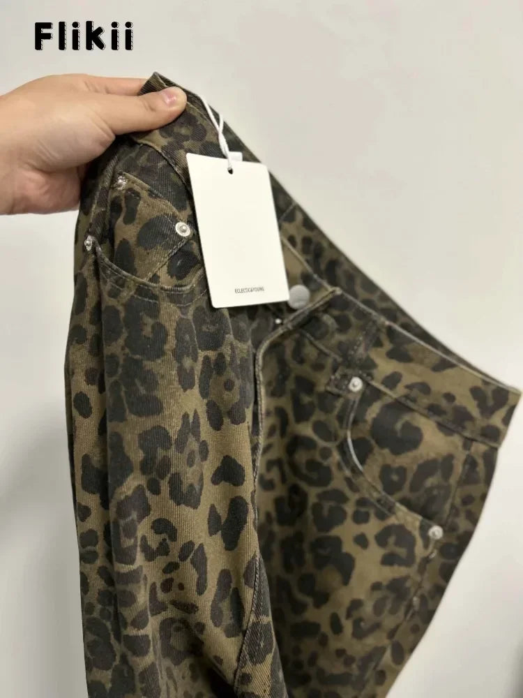 Jeans baggy vita alta leopardato donna – pantaloni oversize Y2K da strada con tasche casual