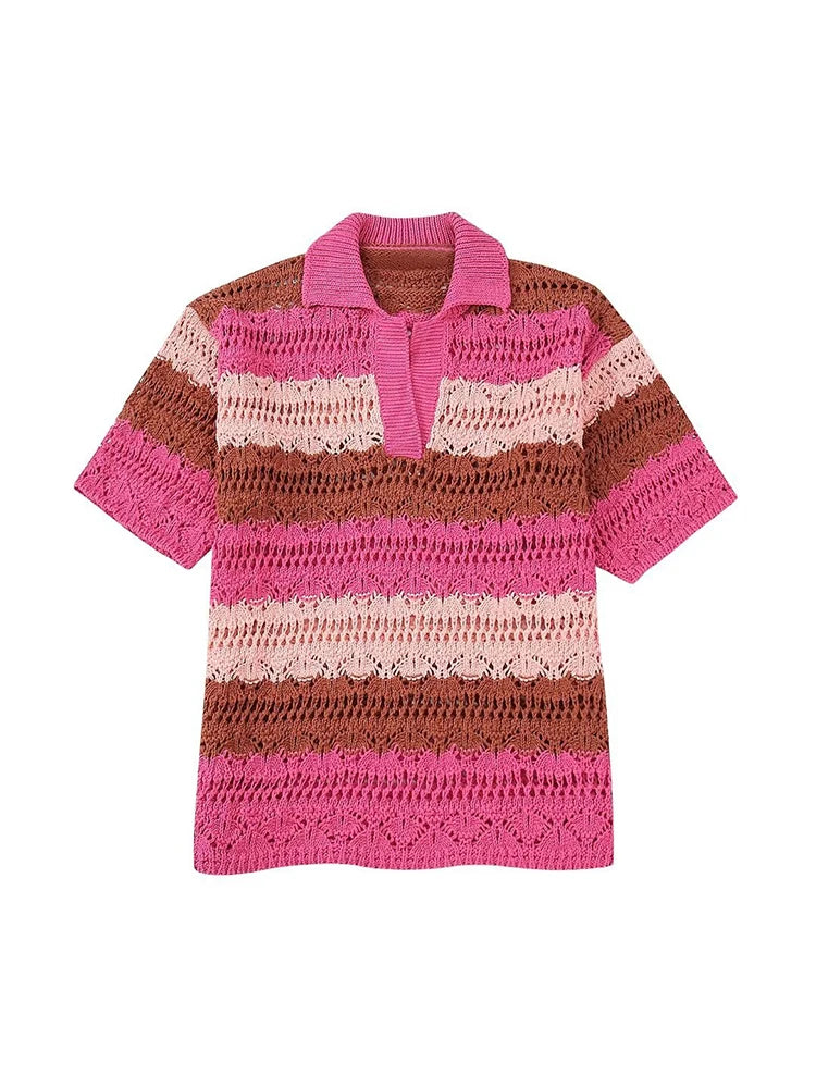 Co-ord estivo donna 2025 — Set maglia jacquard a righe con cardigan e shorts