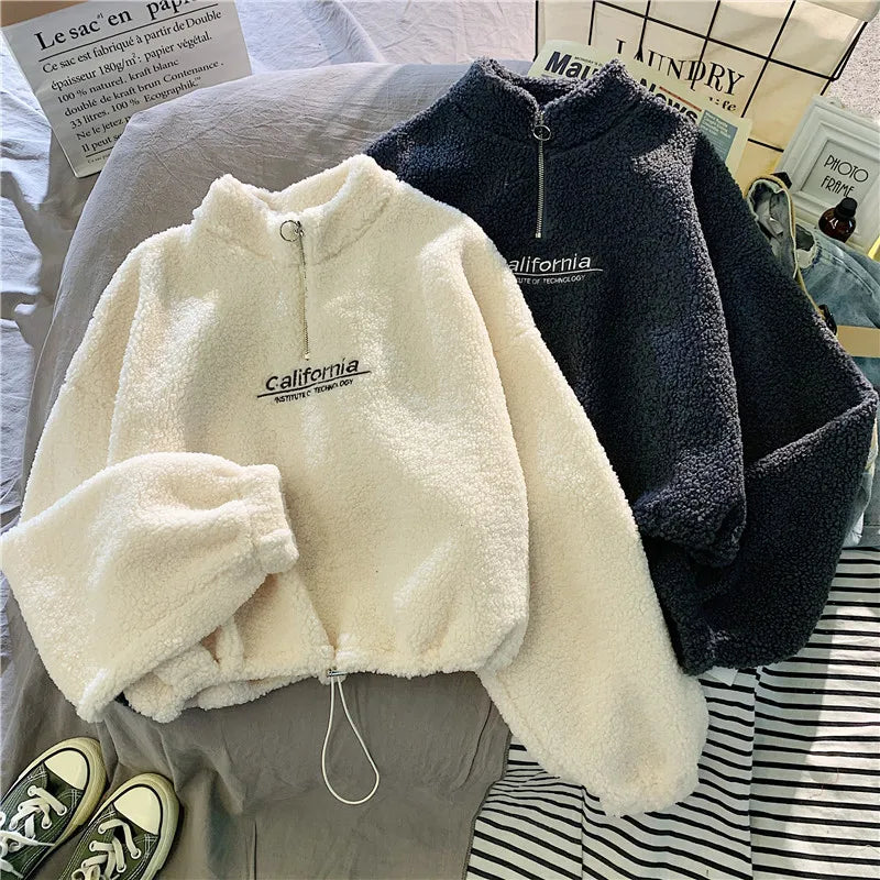 Felpa donna in pile con collo alto, zip e coulisse