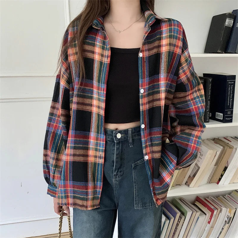Camicia a quadri donna autunno 2025 – camicia manica lunga stile preppy vintage, taglio loose, single-breasted