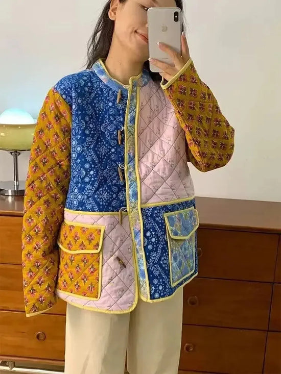 Giacca imbottita donna vintage patchwork floreale – Cappotto cotone con imbottitura, stile casual e warm streetwear