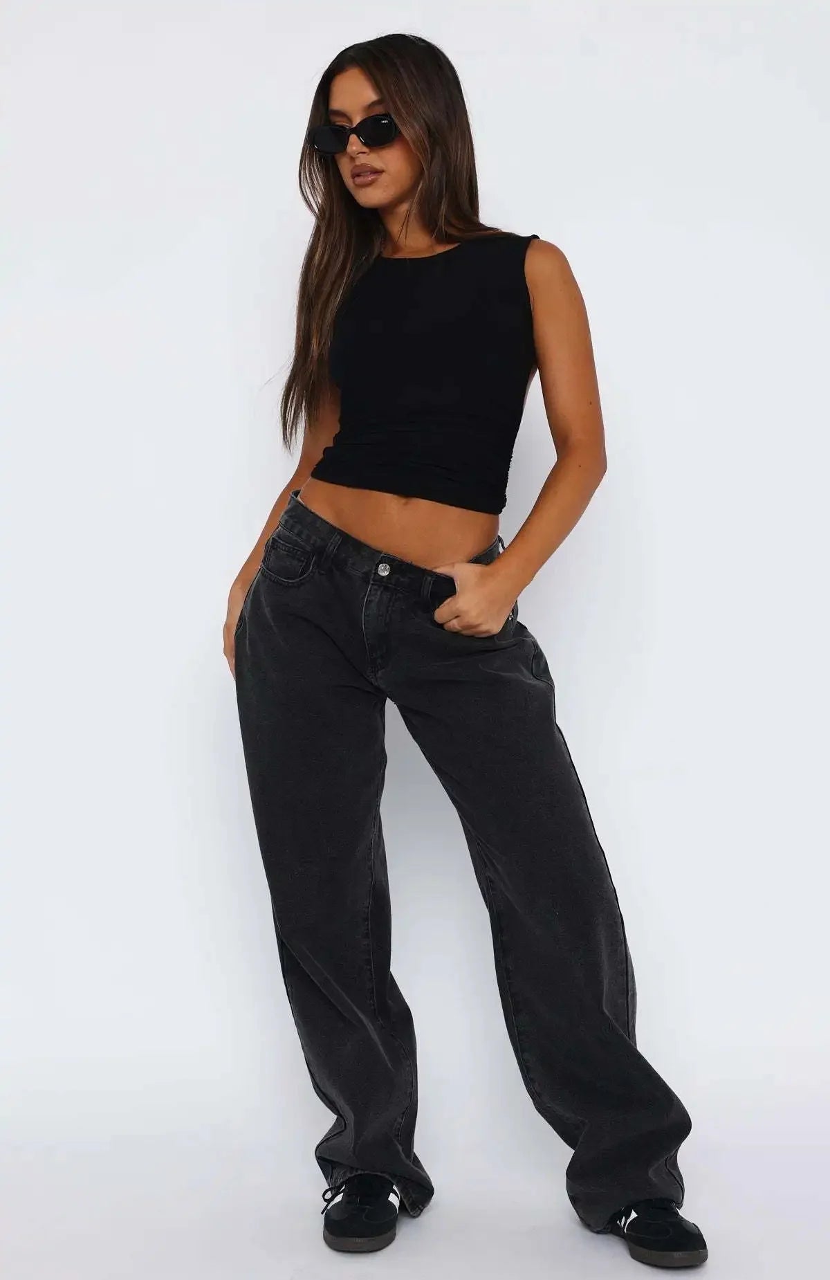 Jeans donna vita alta gamba larga stile retrò americano – pantaloni dritti casual chic