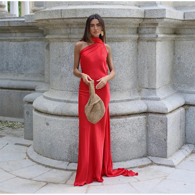 Abito da sera in raso con fiocco per donna – abito elegante schiena scoperta