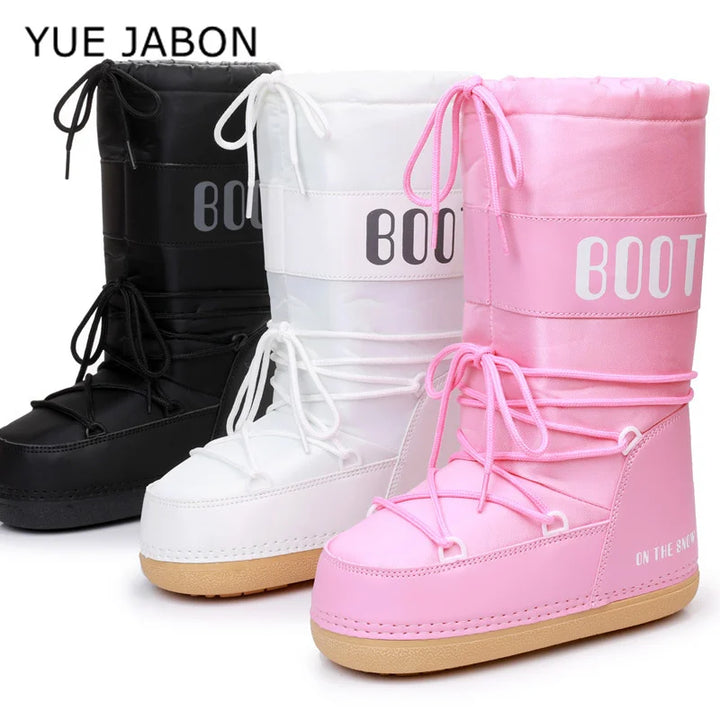 2026 New Winter Snow Boots Women Ski Boots Thicken Cotton Lace Up Middle Calf Platform Flat With White Letter Ski Boots