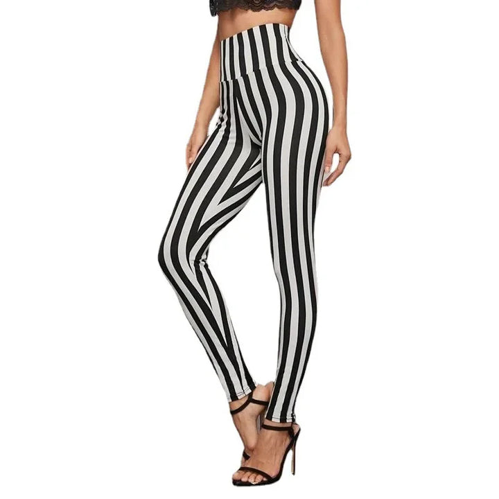 Lazada High-waisted Black White Striped Leggings Base Trousers Nine-point Shorts Southeast Asia Products Factory Direct Sales