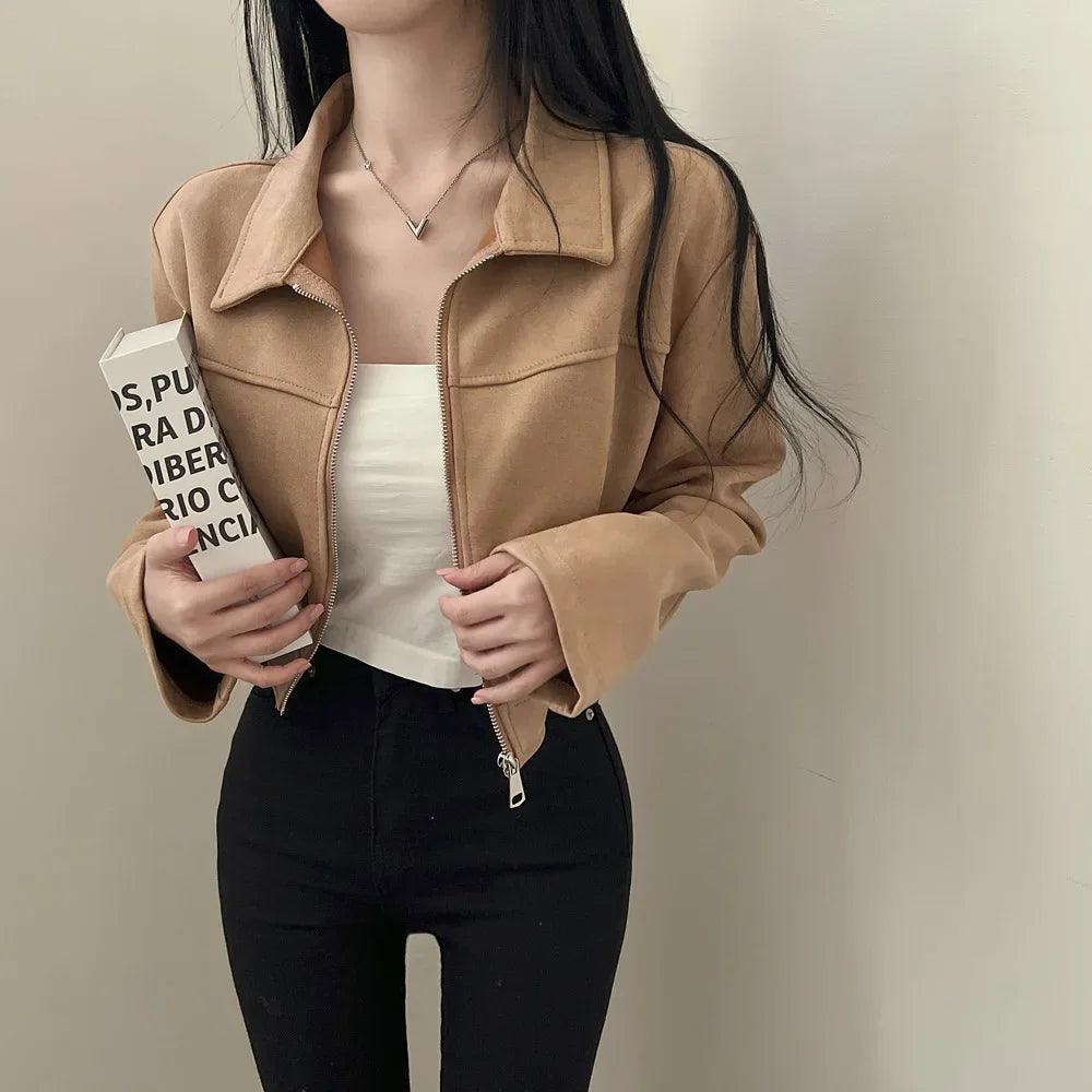 Giacca in pelle donna stile vintage – Giubbotto corto con zip, collo alla coreana, taglio slim fit, versatile e alla moda