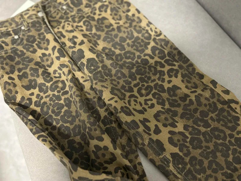 Jeans baggy vita alta leopardato donna – pantaloni oversize Y2K da strada con tasche casual 2025