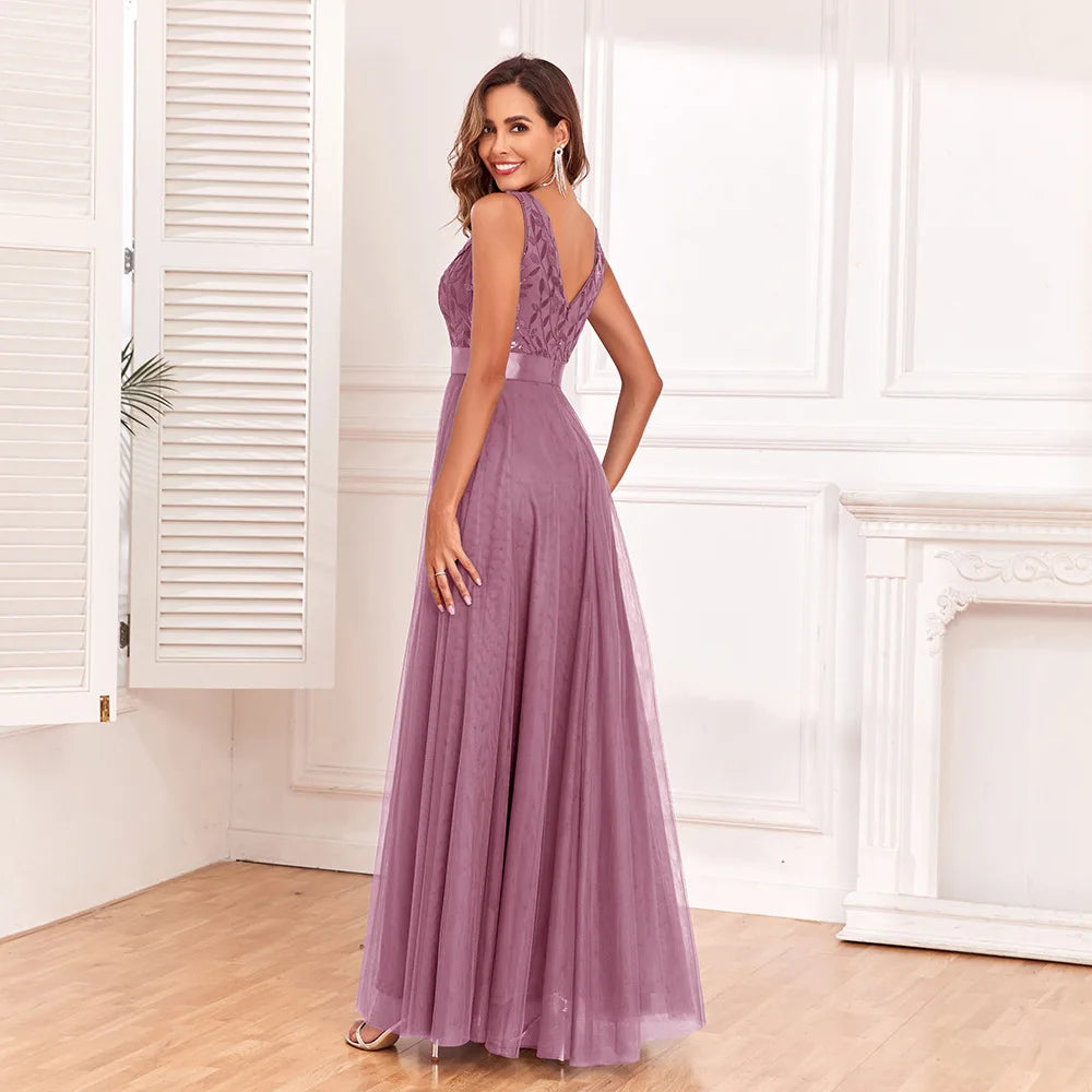 Abito Lungo Elegante Donna con Paillettes – Vestito Cerimonia Matrimonio e Damigella