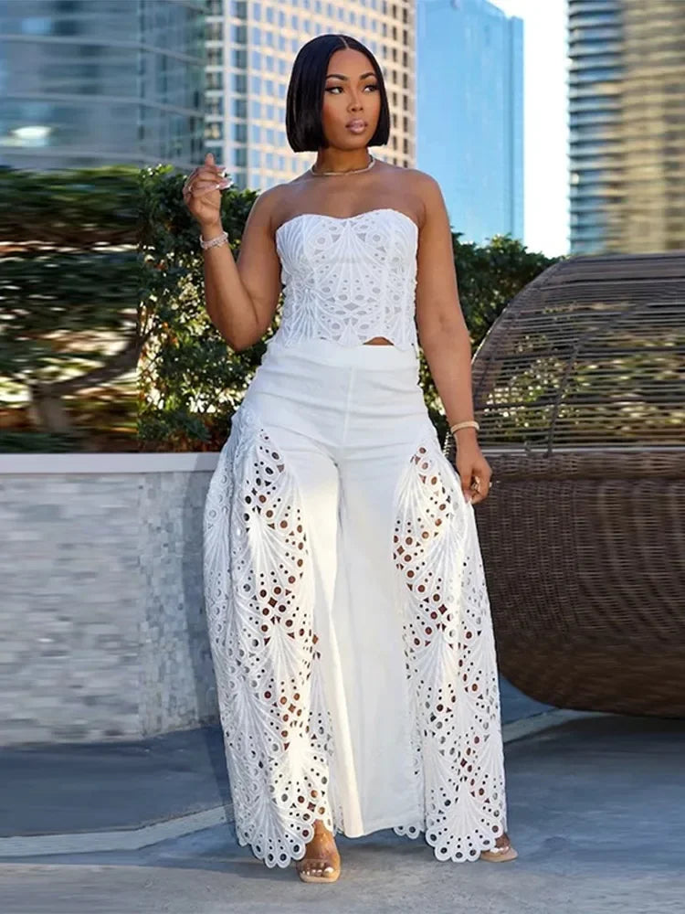 Set top strapless traforato + pantaloni – coordinato donna sexy senza spalline con design hollowed per look chic