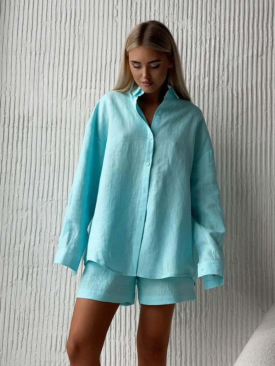 Completo donna Wolfeel 2025 – shorts vita alta in cotone e camicia con collo revers, casual summer