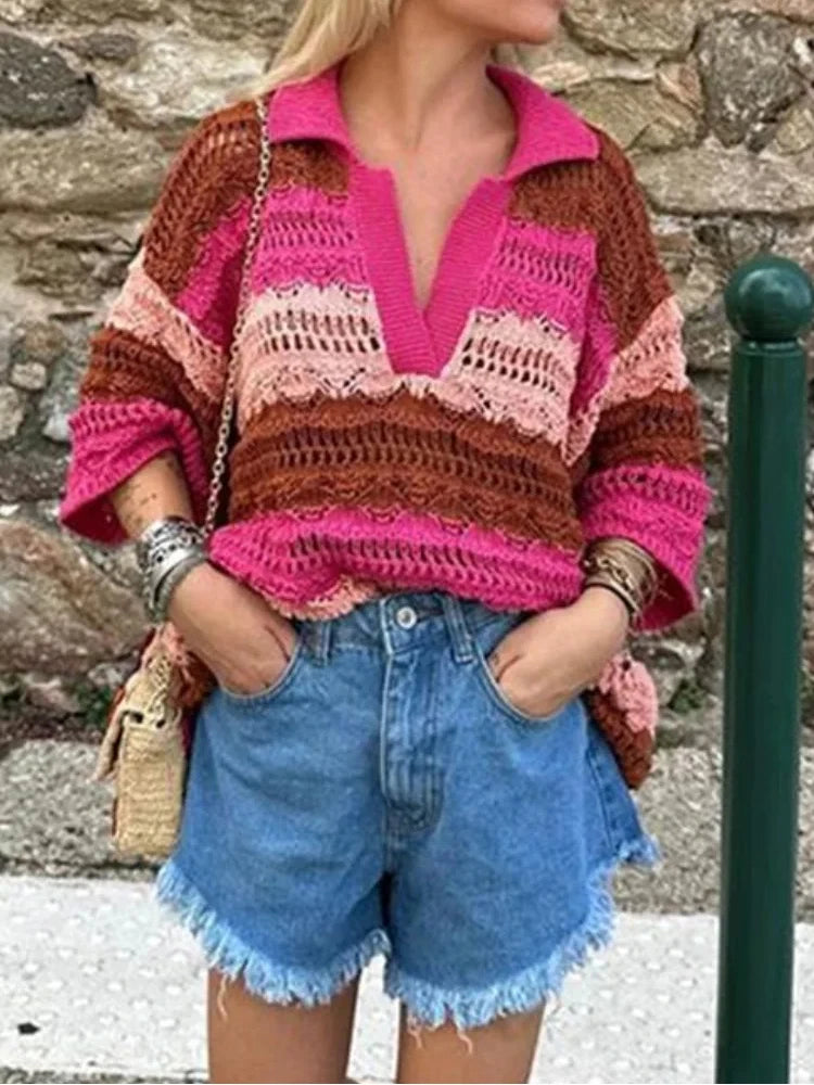 Co-ord estivo donna 2025 — Set maglia jacquard a righe con cardigan e shorts