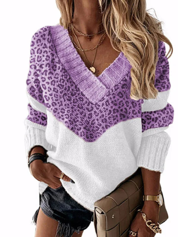 Maglione leopardato donna scollo a V in maglia leggera – Pullover loose / over fit per autunno/inverno con stampa animale