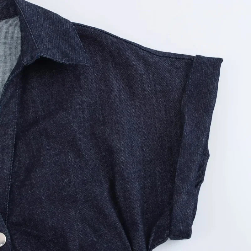 Vestito midi in denim “1975 Series” – abito donna con rever, zip laterale e vita effetto plissé