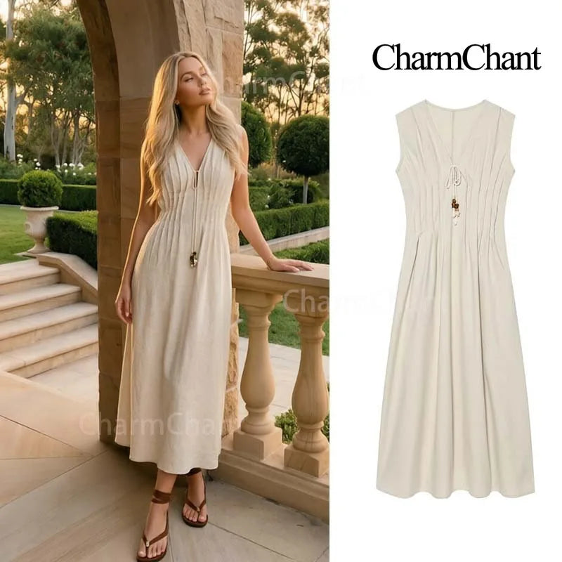 Abito Donna in Lino e Cotone – Vestito Beige Estivo con Scollo a V