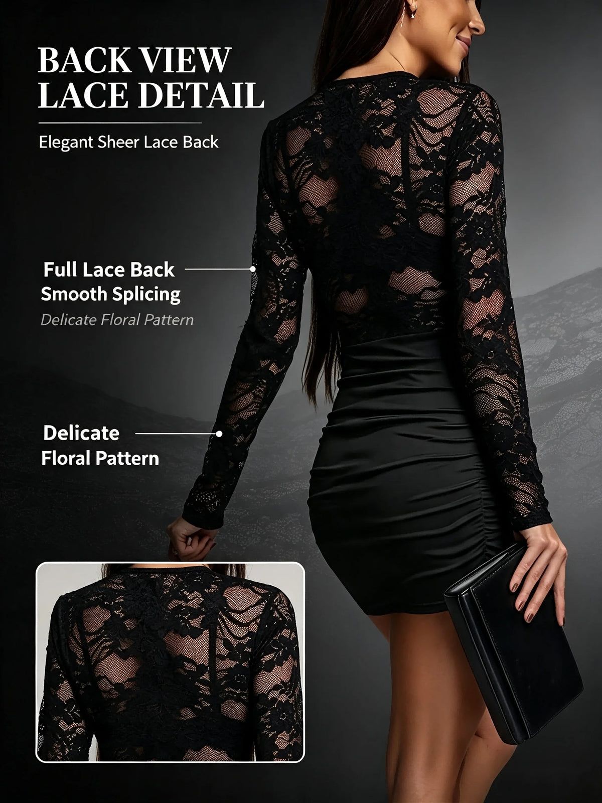Vestito nero in pizzo aderente con maniche lunghe