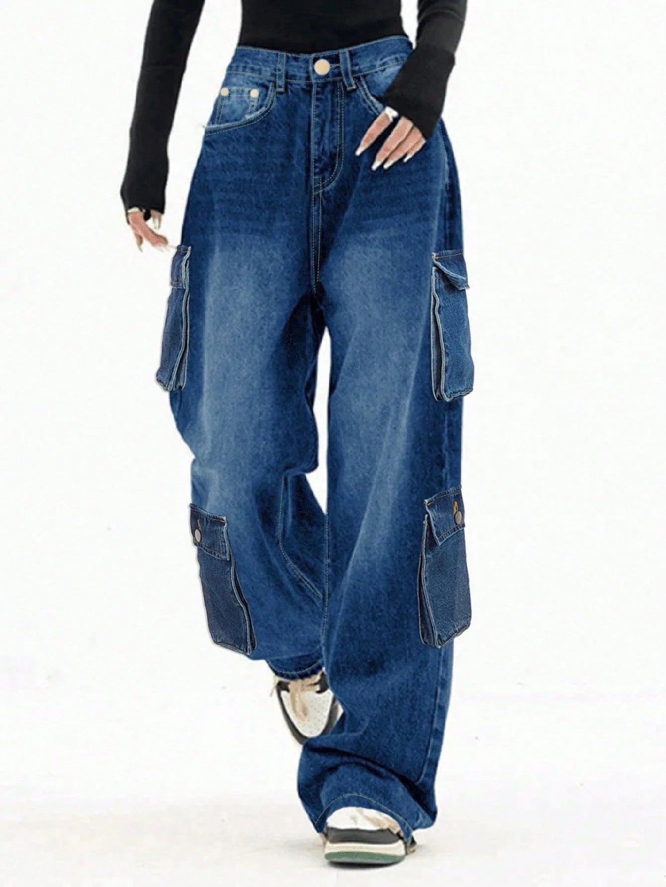 Jeans Baggy cargo straight-leg Y2K donna – vita alta, tasche laterali e stile streetwear dark blue
