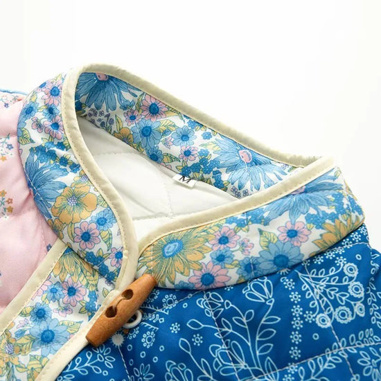 Giacca imbottita donna vintage patchwork floreale – Cappotto cotone con imbottitura, stile casual e warm streetwear