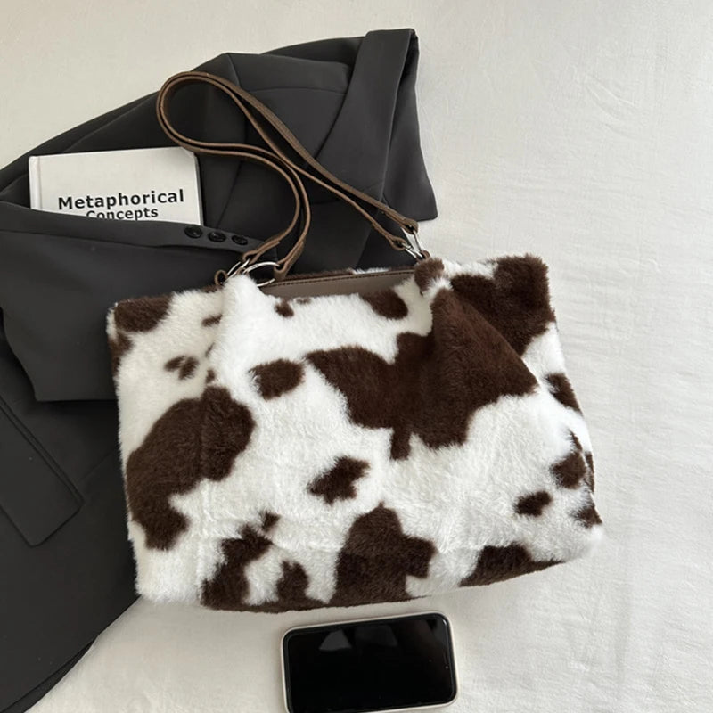 Borsa in Ecopelliccia Donna Animalier Mucca – Grande Capacità a spalla