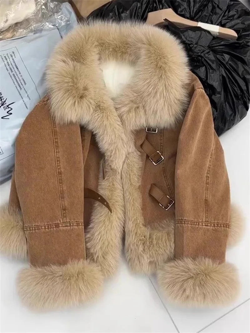 Giacca in denim con colletto in pelliccia marrone per donna – Giacca lunga a maniche lunghe, stile casual elegante per l'autunno/inverno 2025