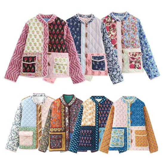 Giacca imbottita donna vintage patchwork floreale – Cappotto cotone con imbottitura, stile casual e warm streetwear